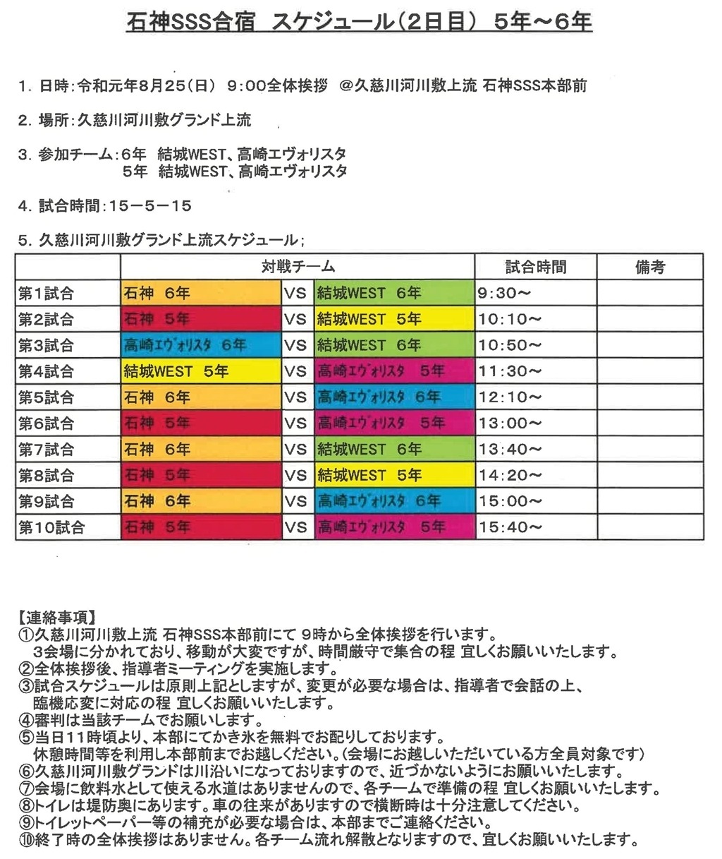 ５ ６年生 令和元年 ８月２４日 土 高学年合宿 １日目 練習試合u 11 12 日程表 結城ｗｅｓｔ サッカースポーツ少年団
