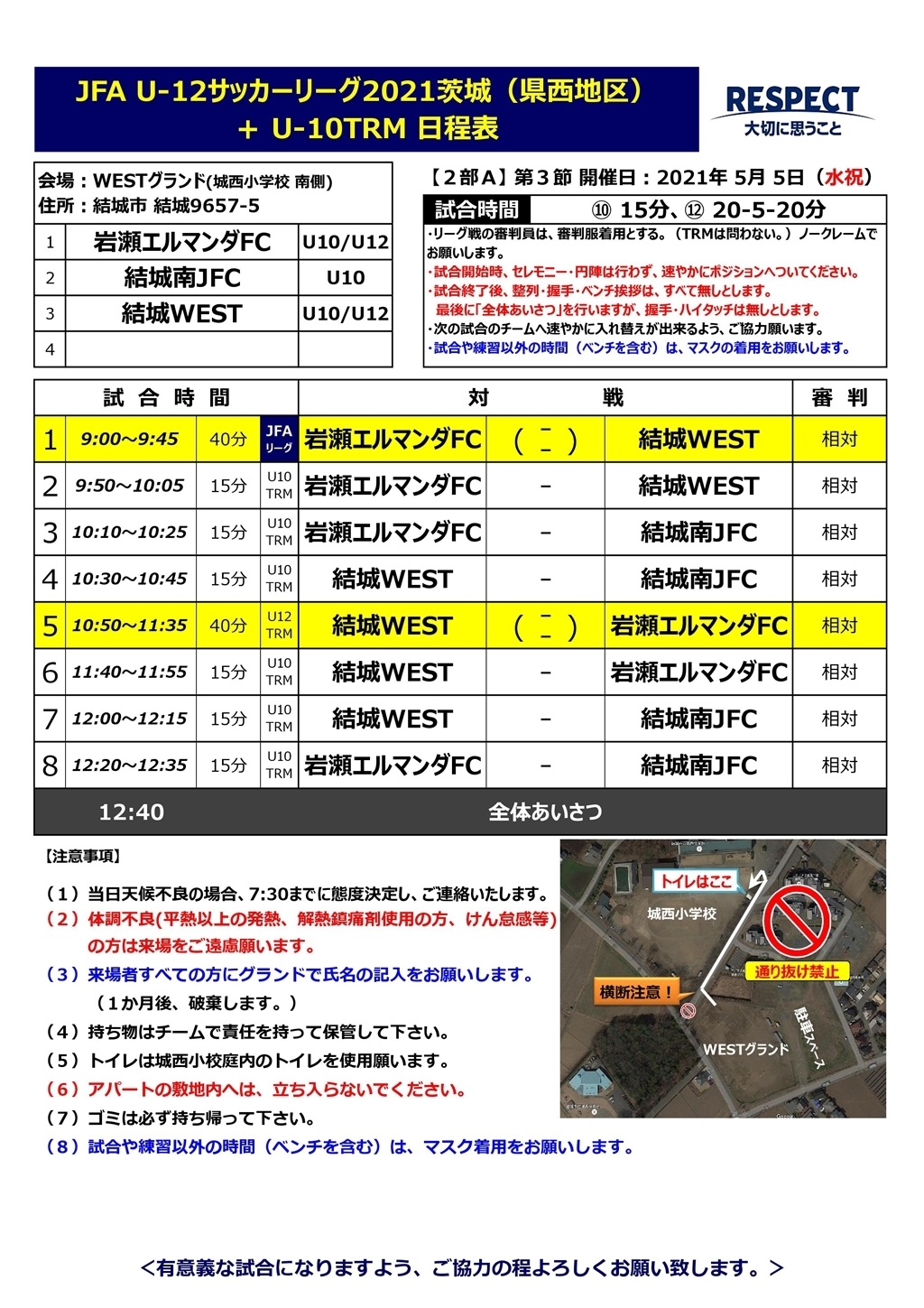 ５ ６年 ｊｆａ ｕ １２サッカーリーグ ２０２１茨城 県西地区 ２部ａ 第３節 日程表 結城ｗｅｓｔ サッカースポーツ少年団