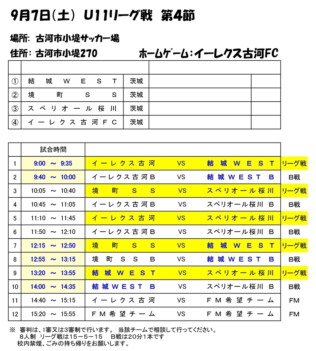 ３選抜 ５年生 ｊｆａサッカーリーグ19 In 茨城県 県西地区 ｕ１１リーグ 第４節 日程表 9 2変更版 結城ｗｅｓｔ サッカー スポーツ少年団